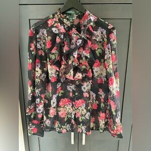 🌺 🖤 LRL Ralph Lauren Floral Sheer Ruffle Long Sleeve Blouse | Size XL